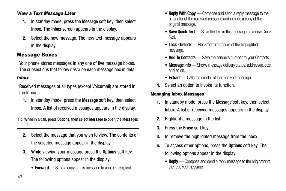 View a text message later, Message boxes, Inbox | Managing inbox messages | Samsung SCH-R210LSAUSC User Manual | Page 46 / 112