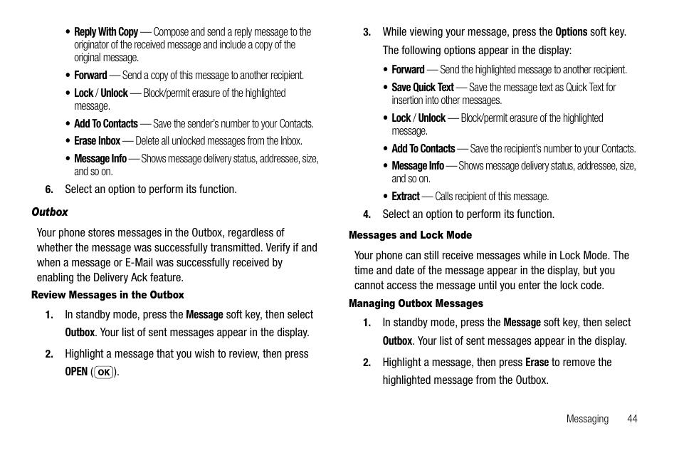Outbox, Review messages in the outbox, Messages and lock mode | Managing outbox messages | Samsung SCH-R210LSAUSC User Manual | Page 47 / 112