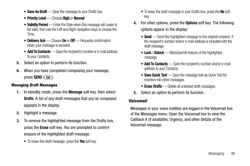 Managing draft messages, Voicemail | Samsung SCH-R210LSAUSC User Manual | Page 49 / 112