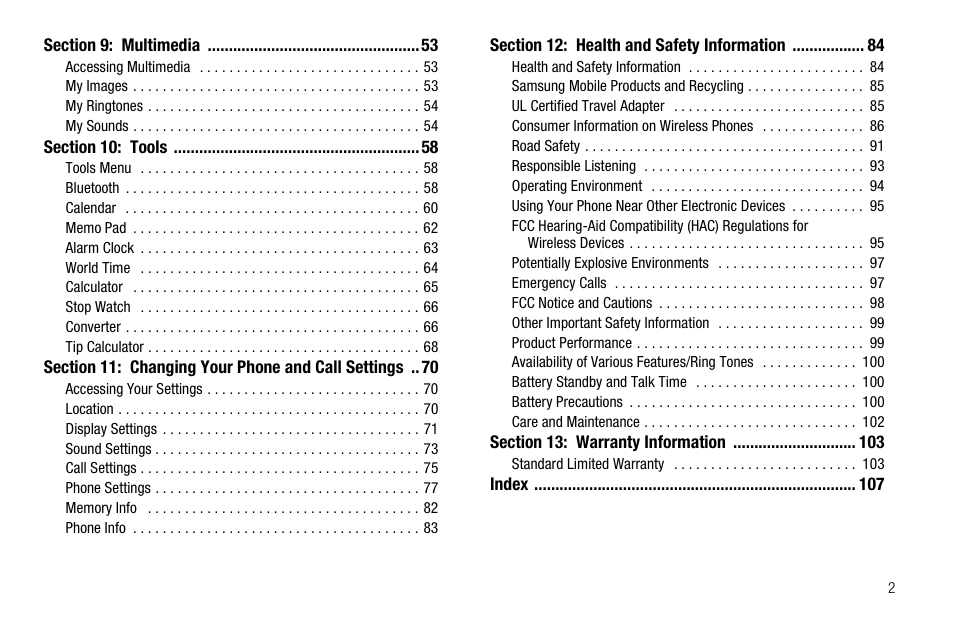 Section 9: multimedia 53, Section 10: tools 58, Section 12: health and safety information 84 | Section 13: warranty information 103 | Samsung SCH-R210LSAUSC User Manual | Page 5 / 112