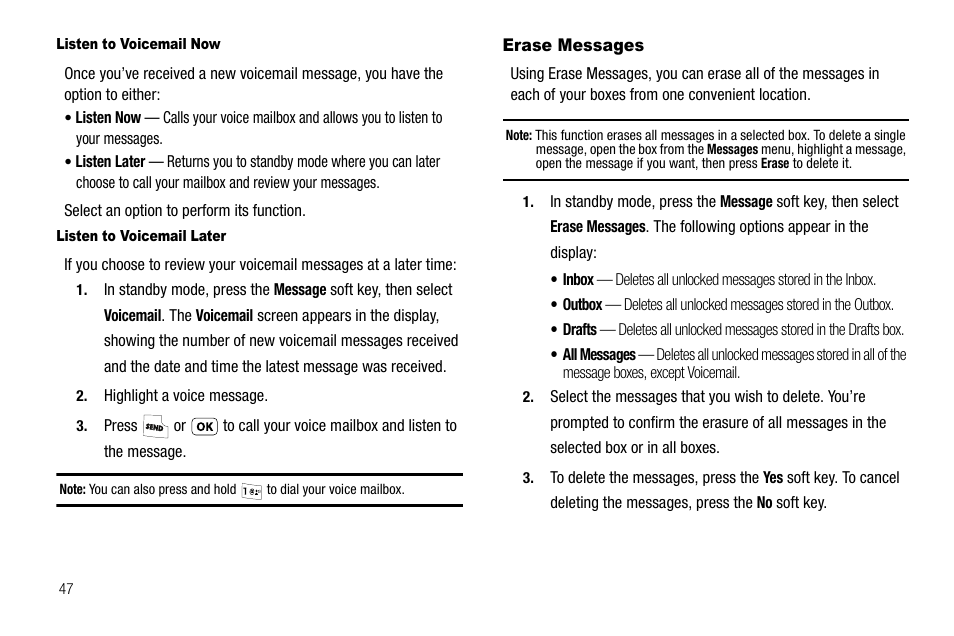 Listen to voicemail now, Listen to voicemail later, Erase messages | Samsung SCH-R210LSAUSC User Manual | Page 50 / 112