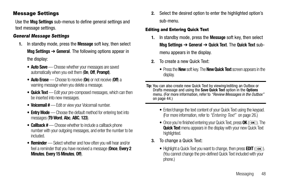Message settings, General message settings, Editing and entering quick text | Samsung SCH-R210LSAUSC User Manual | Page 51 / 112