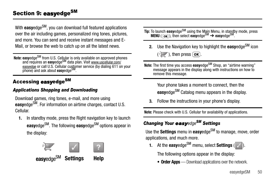 Section 9: easyedgesm, Accessing easyedgesm, Applications shopping and downloading | Changing your easyedgesm settings, Section 8: easy edge, Accessing, Easy edge, Settings help | Samsung SCH-R210LSAUSC User Manual | Page 53 / 112
