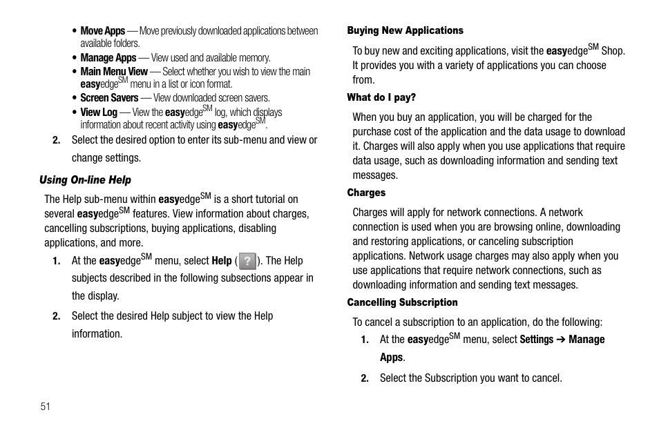 Using on-line help, Buying new applications, What do i pay | Charges, Cancelling subscription | Samsung SCH-R210LSAUSC User Manual | Page 54 / 112