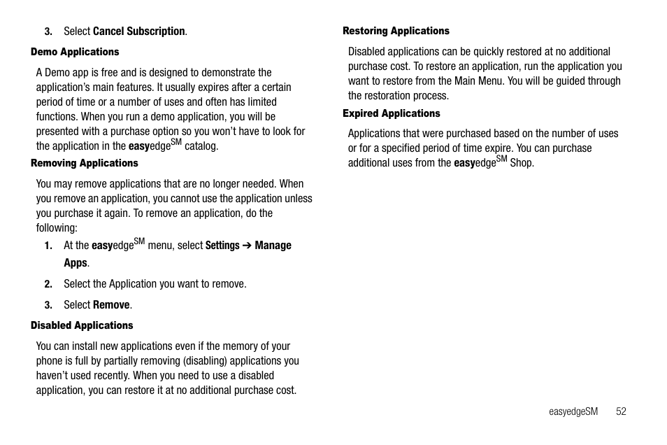 Demo applications, Removing applications, Disabled applications | Restoring applications, Expired applications | Samsung SCH-R210LSAUSC User Manual | Page 55 / 112