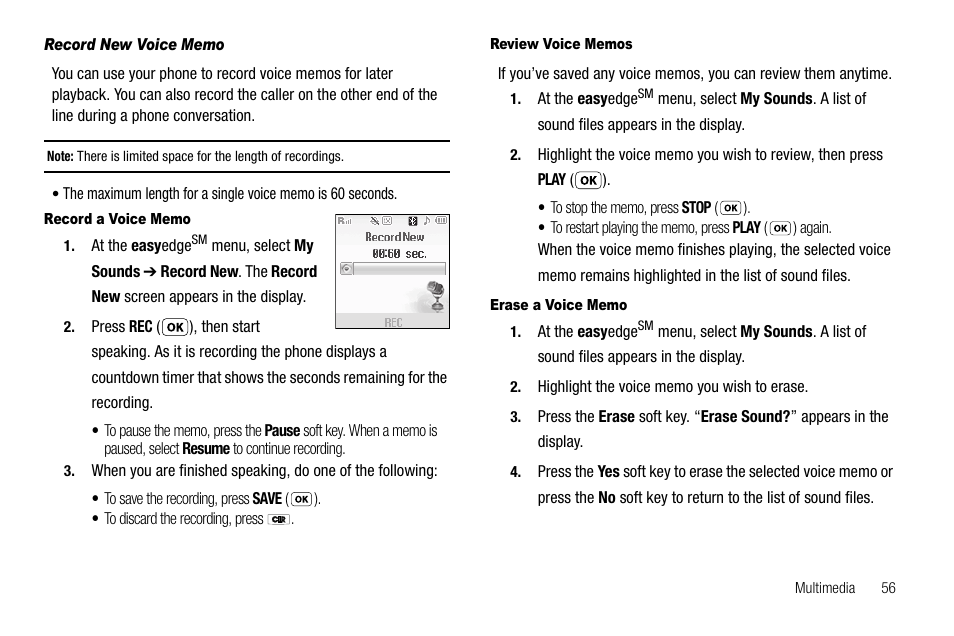 Record new voice memo, Record a voice memo, Review voice memos | Erase a voice memo | Samsung SCH-R210LSAUSC User Manual | Page 59 / 112