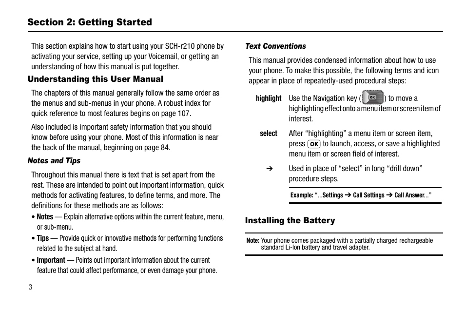 Section 2: getting started, Understanding this user manual, Notes and tips | Text conventions, Installing the battery, Section 1: getting started | Samsung SCH-R210LSAUSC User Manual | Page 6 / 112