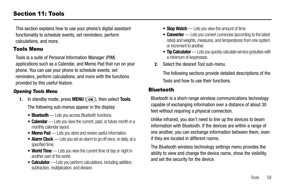 Section 11: tools, Tools menu, Opening tools menu | Bluetooth, Section 10: tools, Tools menu bluetooth | Samsung SCH-R210LSAUSC User Manual | Page 61 / 112