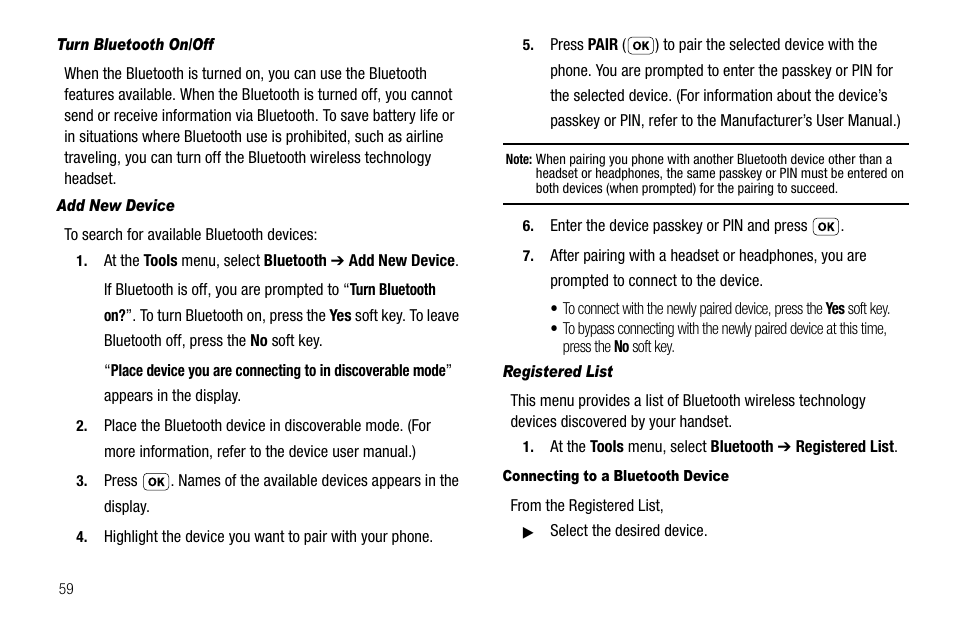 Turn bluetooth on/off, Add new device, Registered list | Connecting to a bluetooth device | Samsung SCH-R210LSAUSC User Manual | Page 62 / 112