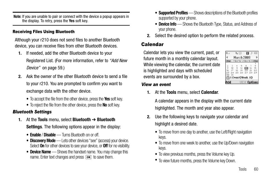 Receiving files using bluetooth, Bluetooth settings, Calendar | View an event | Samsung SCH-R210LSAUSC User Manual | Page 63 / 112