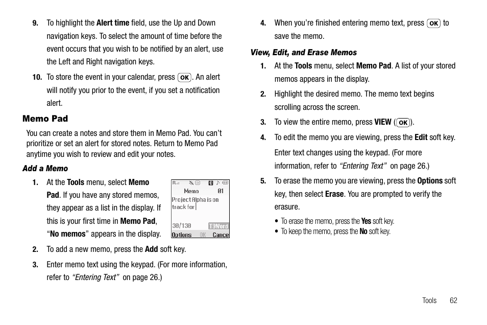 Memo pad, Add a memo, View, edit, and erase memos | Samsung SCH-R210LSAUSC User Manual | Page 65 / 112