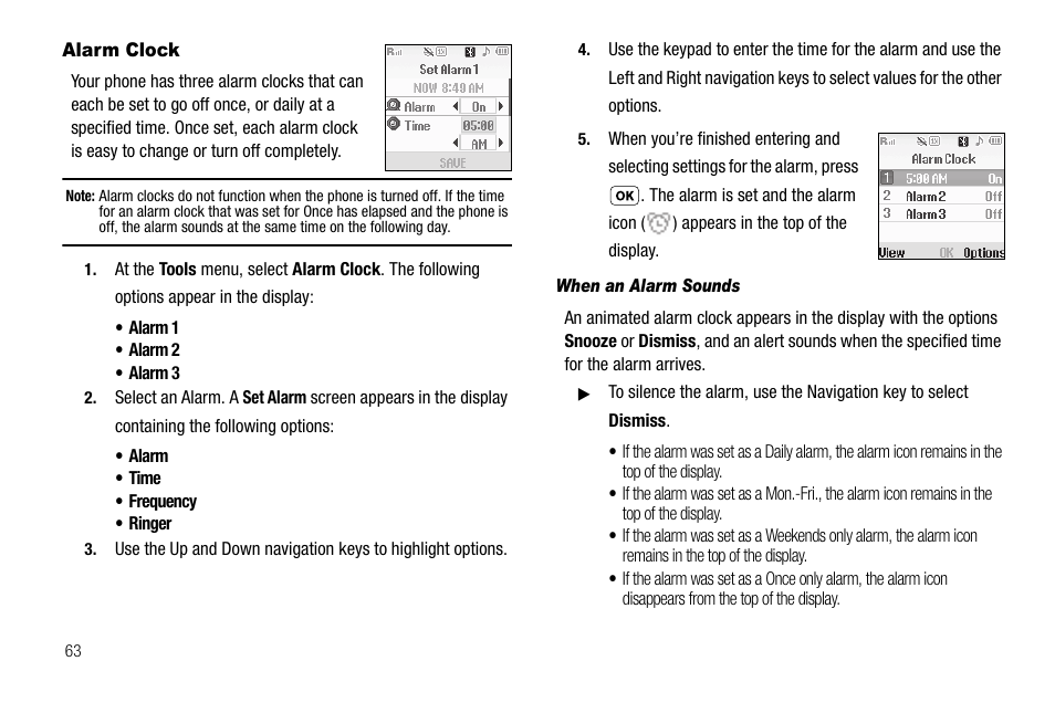 Alarm clock, When an alarm sounds | Samsung SCH-R210LSAUSC User Manual | Page 66 / 112