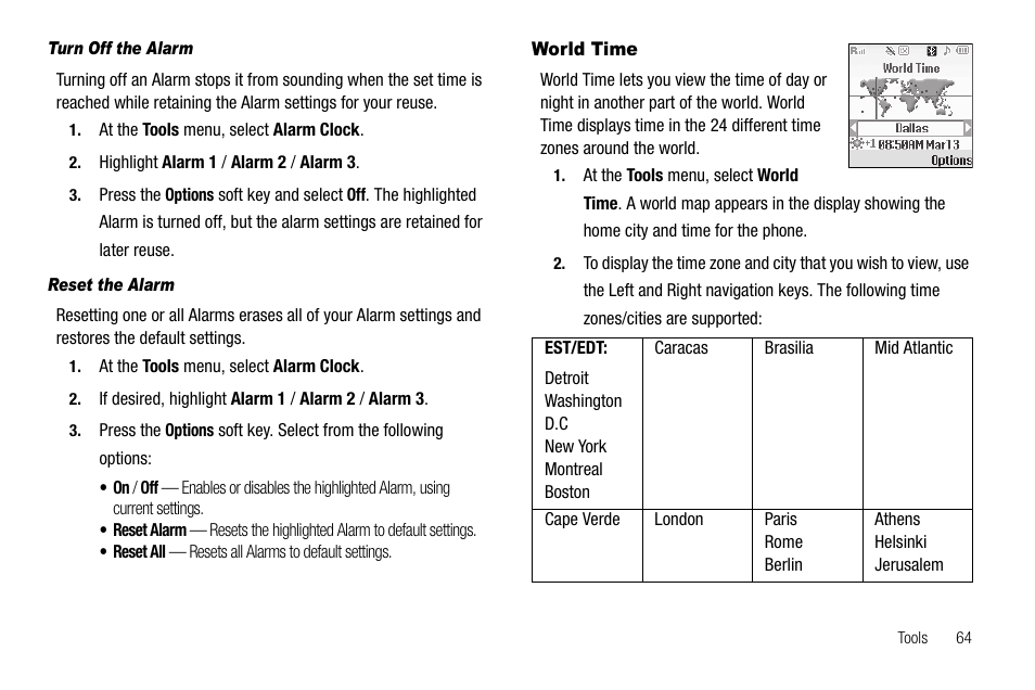 Turn off the alarm, Reset the alarm, World time | Samsung SCH-R210LSAUSC User Manual | Page 67 / 112