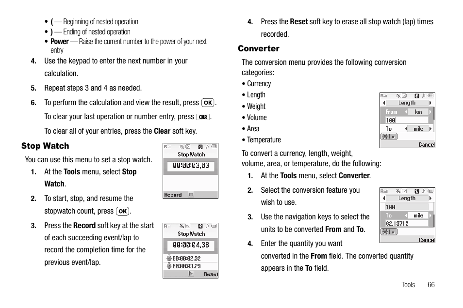 Stop watch, Converter, Stop watch converter | Samsung SCH-R210LSAUSC User Manual | Page 69 / 112