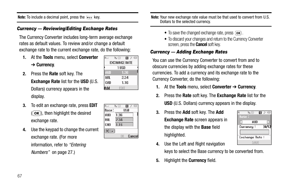 Currency - reviewing/editing exchange rates, Currency - adding exchange rates | Samsung SCH-R210LSAUSC User Manual | Page 70 / 112