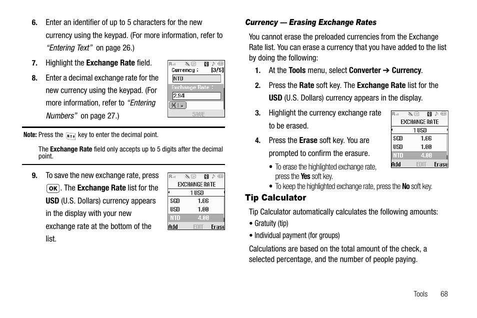 Currency - erasing exchange rates, Tip calculator | Samsung SCH-R210LSAUSC User Manual | Page 71 / 112