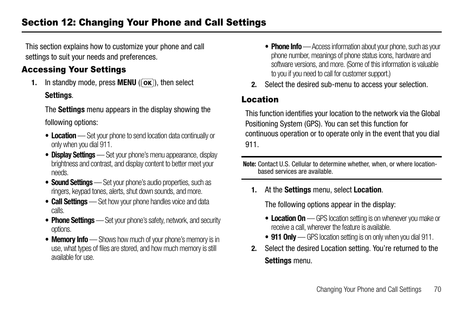 Section 12: changing your phone and call settings, Accessing your settings, Location | Section 11: changing your phone and call settings, Accessing your settings location | Samsung SCH-R210LSAUSC User Manual | Page 73 / 112