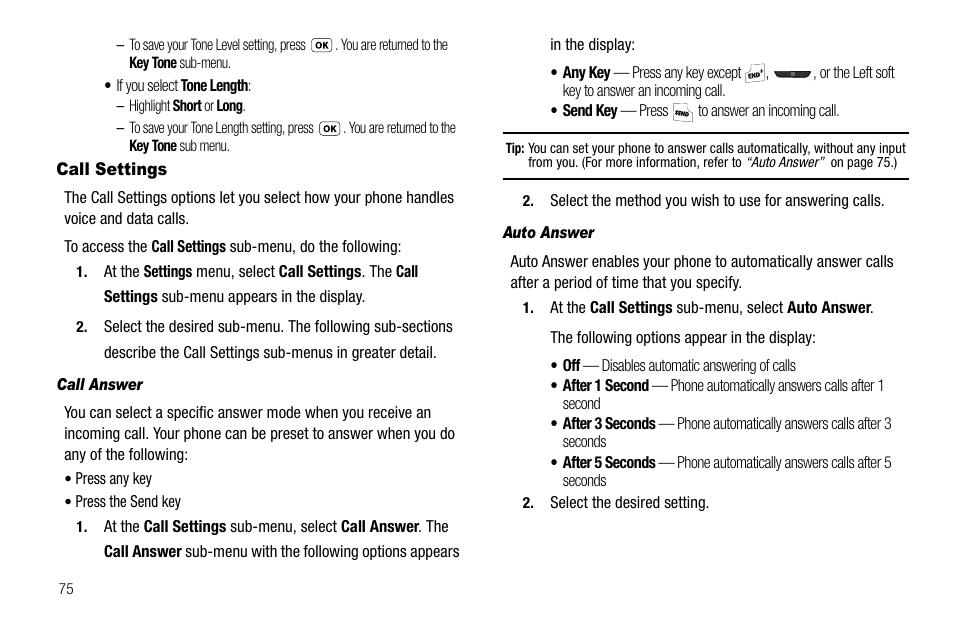 Call settings, Call answer, Auto answer | For more | Samsung SCH-R210LSAUSC User Manual | Page 78 / 112