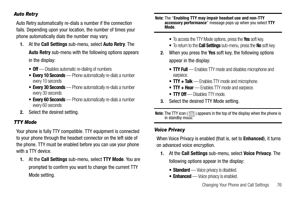 Auto retry, Tty mode, Voice privacy | Samsung SCH-R210LSAUSC User Manual | Page 79 / 112