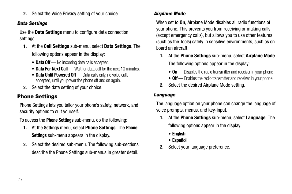 Data settings, Phone settings, Airplane mode | Language | Samsung SCH-R210LSAUSC User Manual | Page 80 / 112