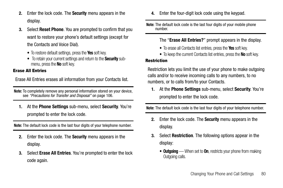 Erase all entries, Restriction | Samsung SCH-R210LSAUSC User Manual | Page 83 / 112