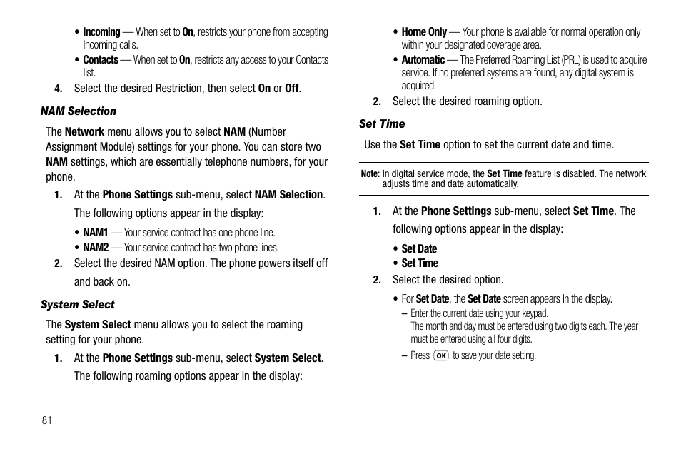 Nam selection, System select, Set time | Samsung SCH-R210LSAUSC User Manual | Page 84 / 112