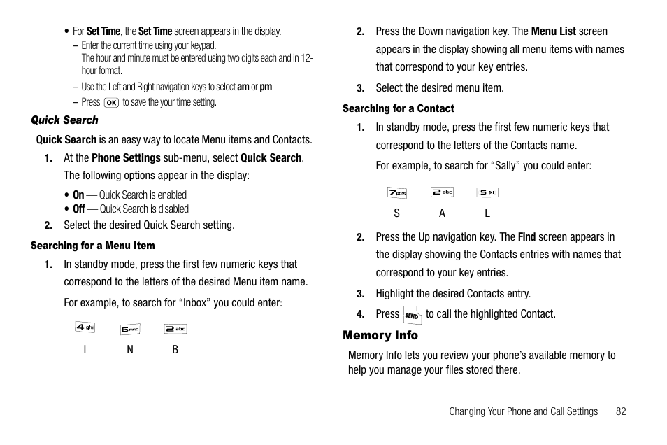 Quick search, Searching for a menu item, Searching for a contact | Memory info | Samsung SCH-R210LSAUSC User Manual | Page 85 / 112