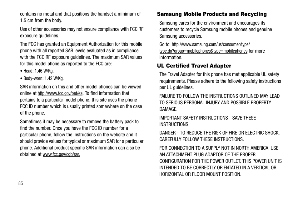Samsung mobile products and recycling, Ul certified travel adapter | Samsung SCH-R210LSAUSC User Manual | Page 88 / 112