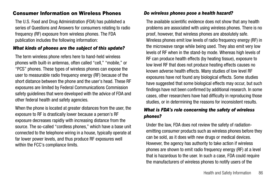Consumer information on wireless phones, Do wireless phones pose a health hazard | Samsung SCH-R210LSAUSC User Manual | Page 89 / 112