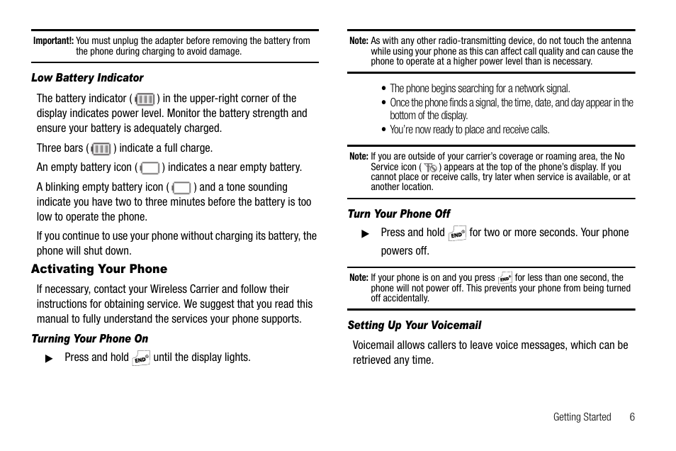 Low battery indicator, Activating your phone, Turning your phone on | Turn your phone off, Setting up your voicemail | Samsung SCH-R210LSAUSC User Manual | Page 9 / 112