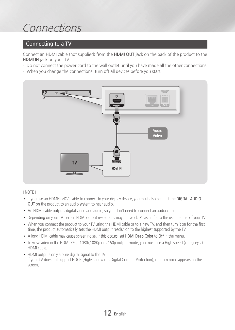 Connections, Connecting to a tv | Samsung BD-H6500-ZA User Manual | Page 12 / 64