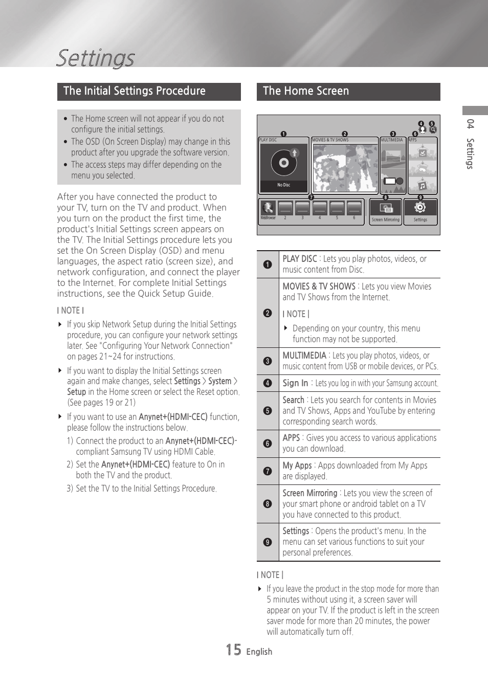 Settings, The initial settings procedure, The home screen | Samsung BD-H6500-ZA User Manual | Page 15 / 64