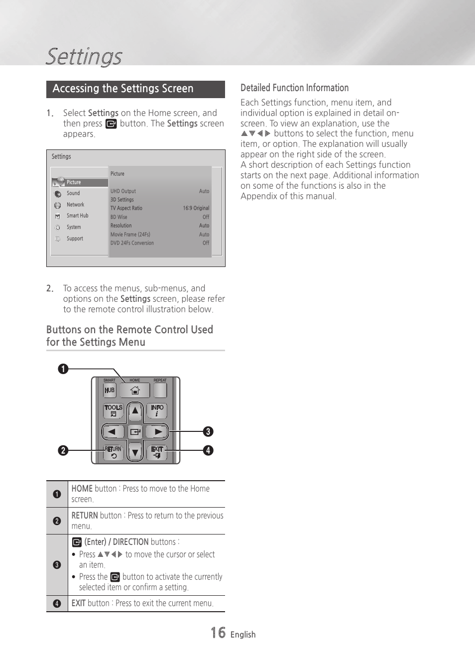 Accessing the settings screen, Settings, Detailed function information | Samsung BD-H6500-ZA User Manual | Page 16 / 64