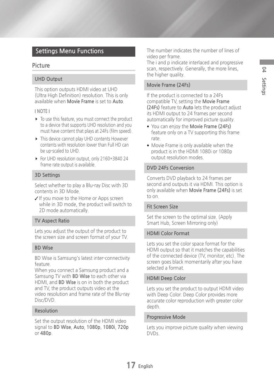 Settings menu functions, Picture | Samsung BD-H6500-ZA User Manual | Page 17 / 64