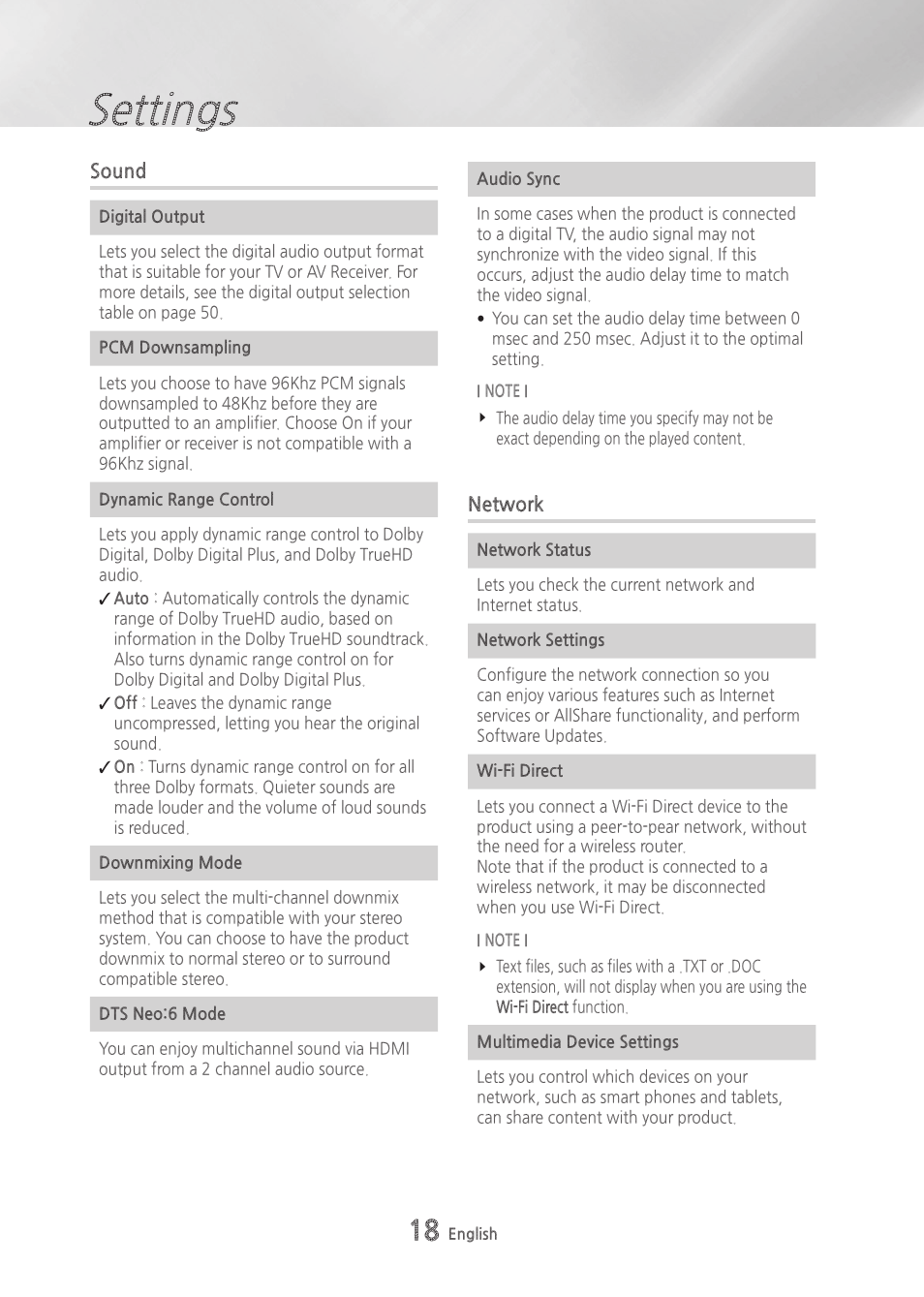 Sound, Network, Settings | Samsung BD-H6500-ZA User Manual | Page 18 / 64