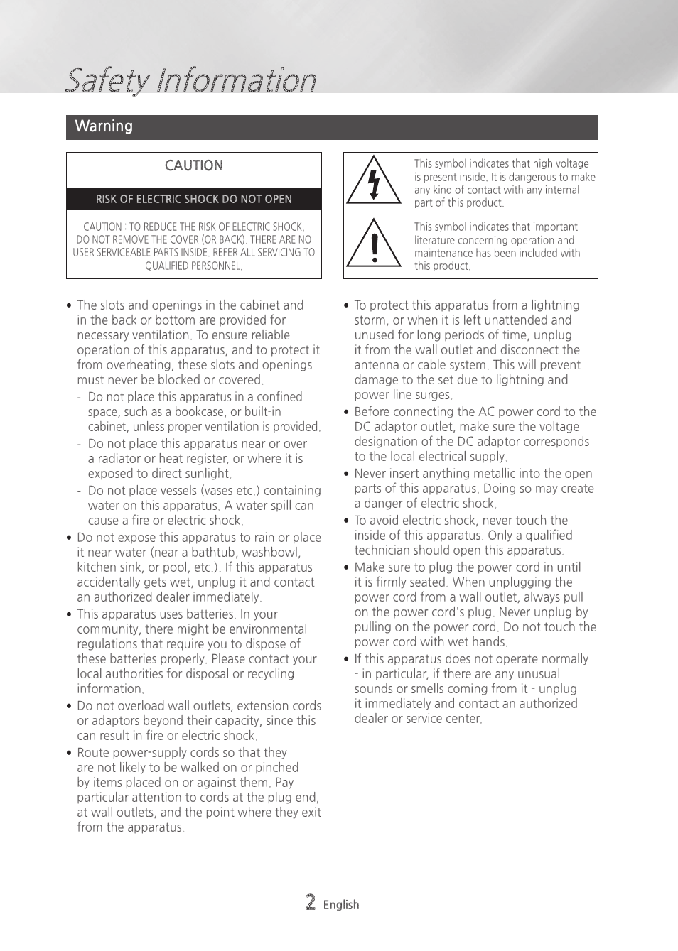 Safety information, Warning | Samsung BD-H6500-ZA User Manual | Page 2 / 64