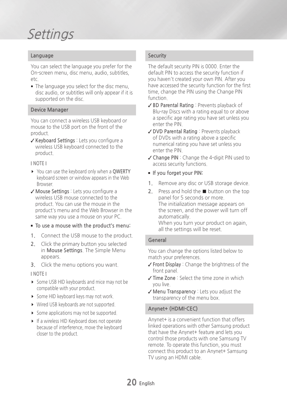 Settings | Samsung BD-H6500-ZA User Manual | Page 20 / 64