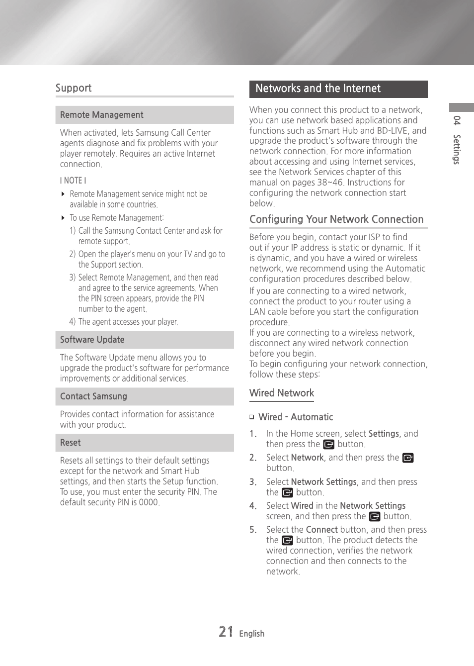 Support, Networks and the internet, Configuring your network connection | Samsung BD-H6500-ZA User Manual | Page 21 / 64