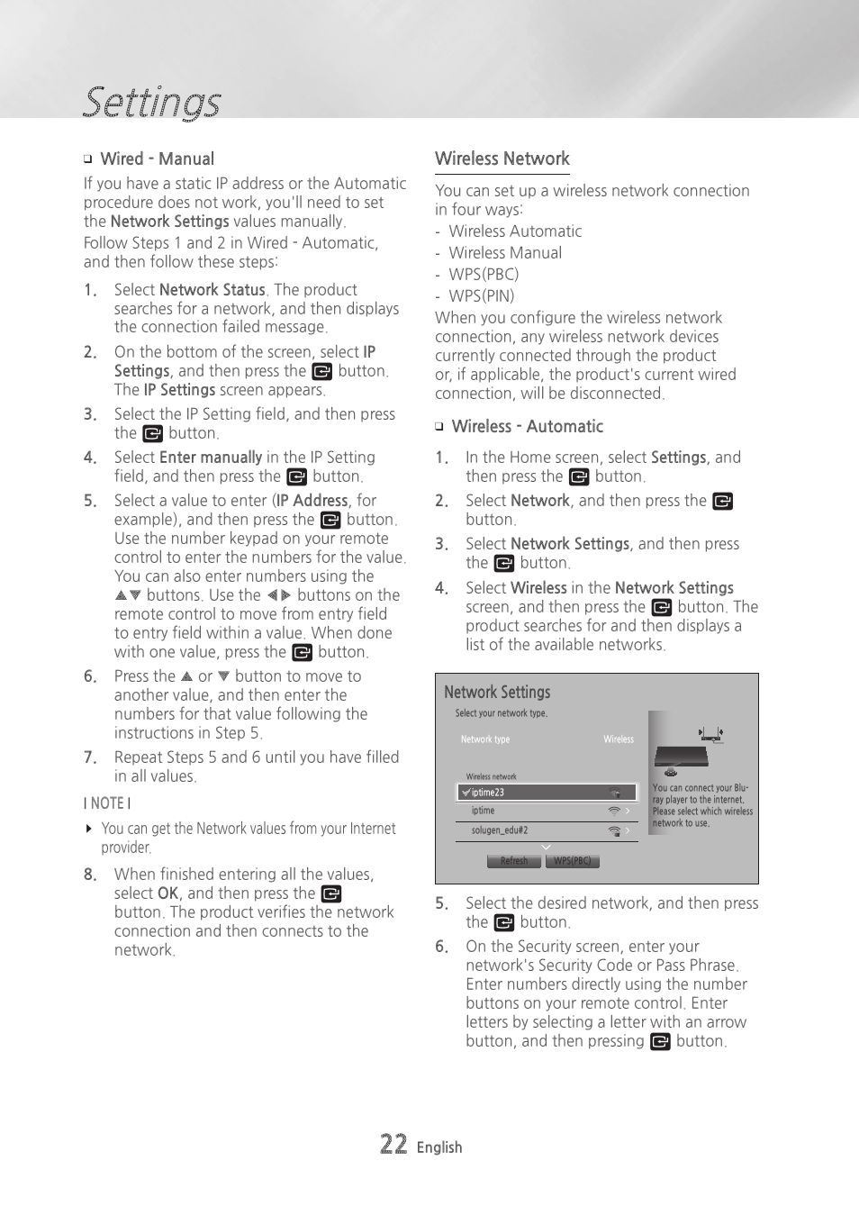 Settings | Samsung BD-H6500-ZA User Manual | Page 22 / 64