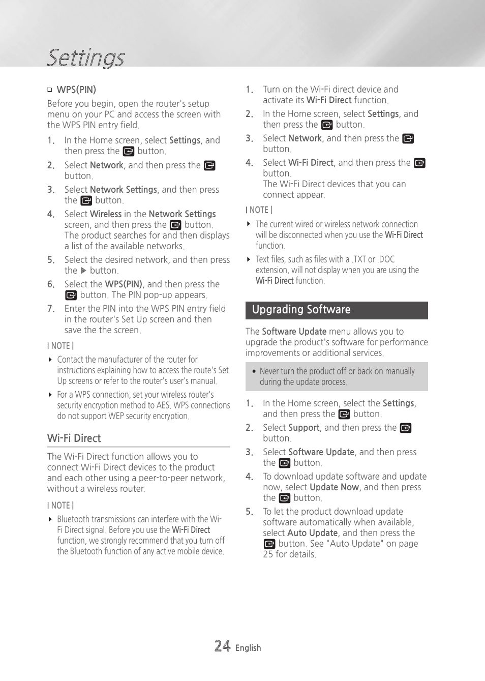 Wi-fi direct, Upgrading software, Settings | Samsung BD-H6500-ZA User Manual | Page 24 / 64