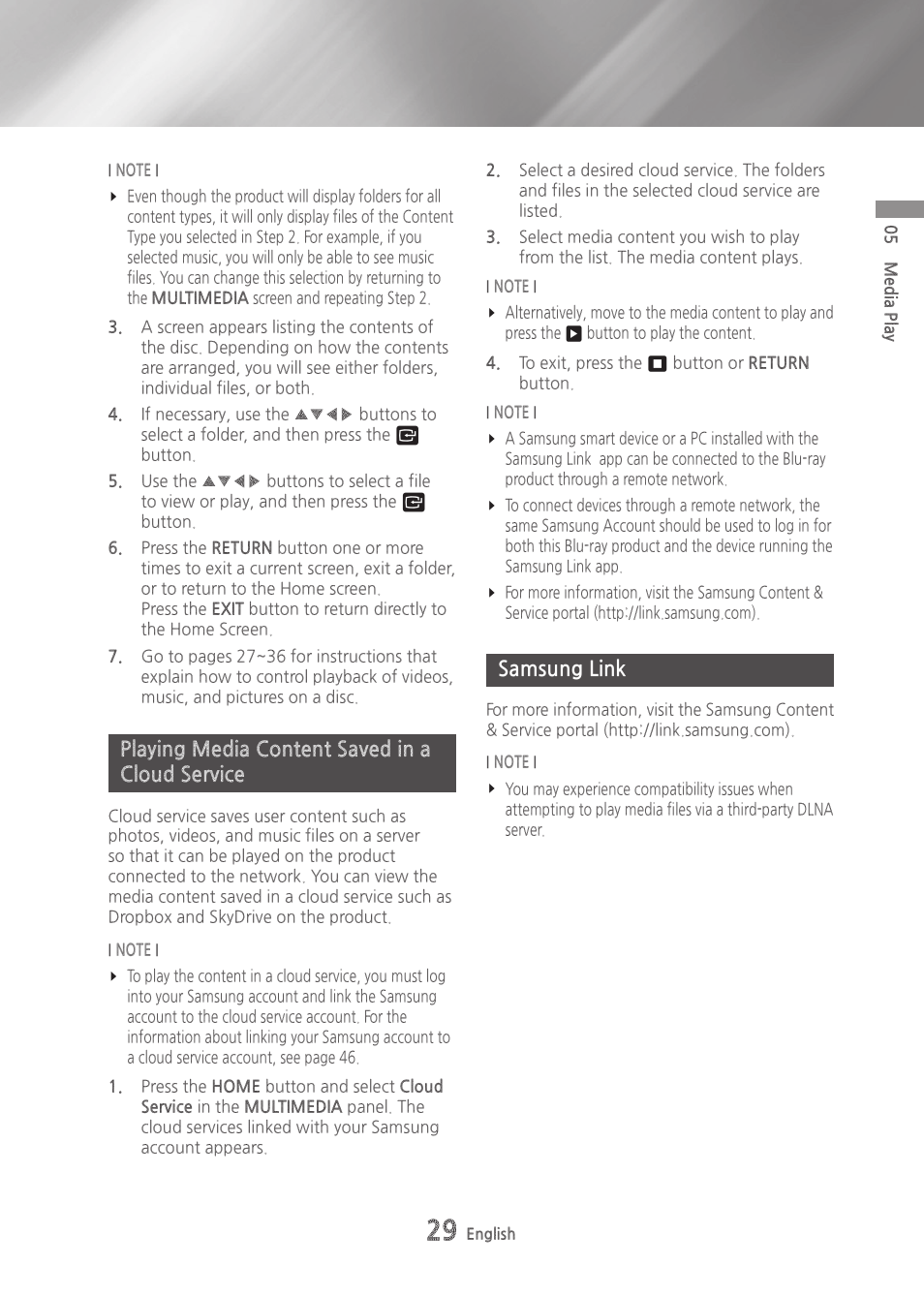 Playing media content saved in a cloud service, Samsung link | Samsung BD-H6500-ZA User Manual | Page 29 / 64