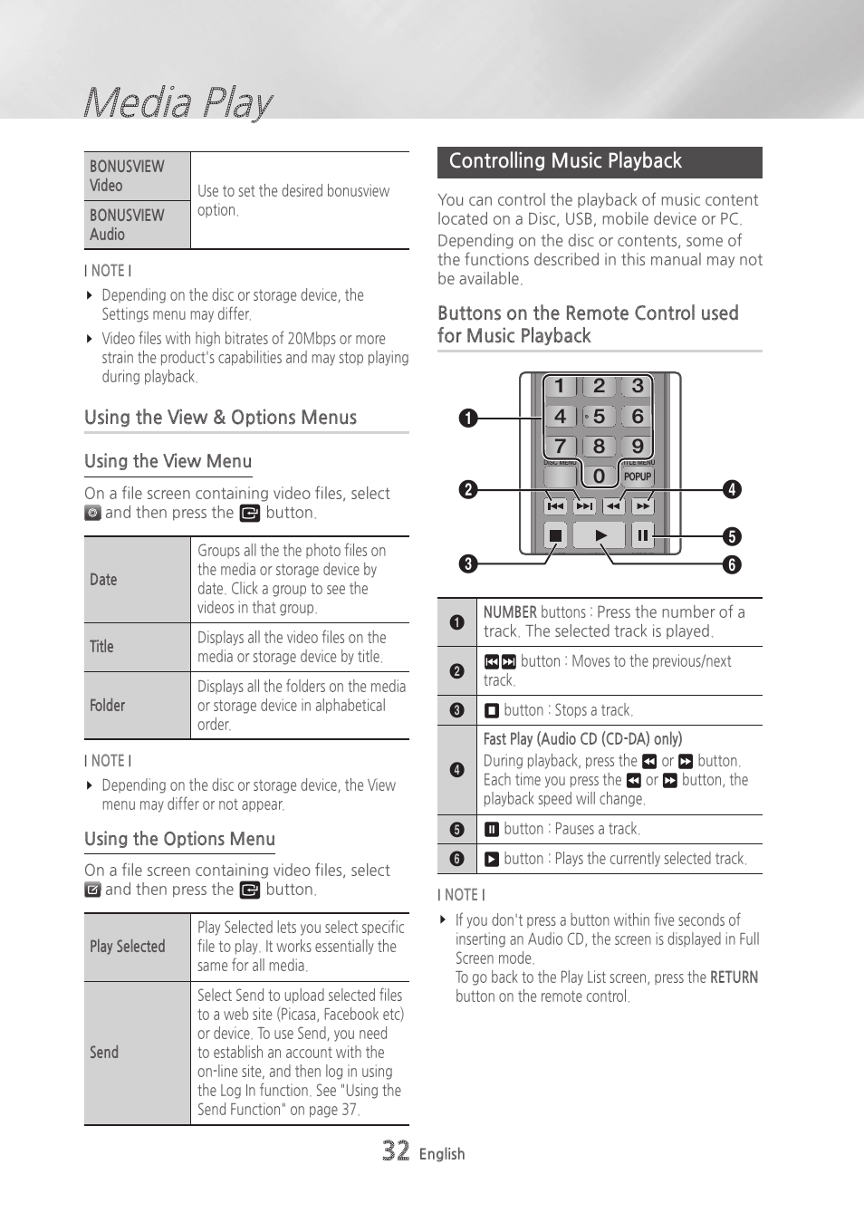 Using the view & options menus, Controlling music playback, Media play | Samsung BD-H6500-ZA User Manual | Page 32 / 64