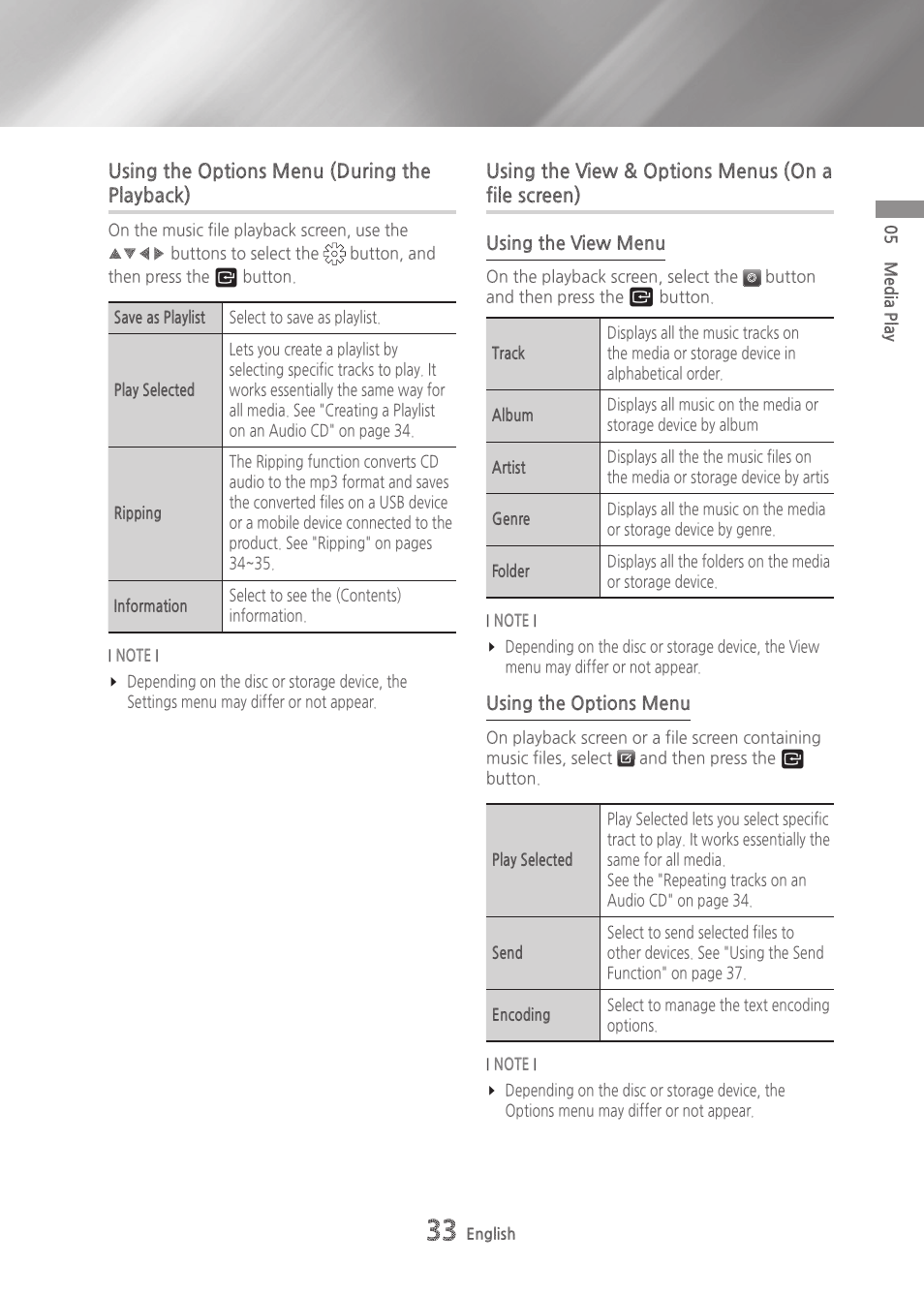 Using the options menu (during the playback), Using the view & options menus (on a file screen) | Samsung BD-H6500-ZA User Manual | Page 33 / 64