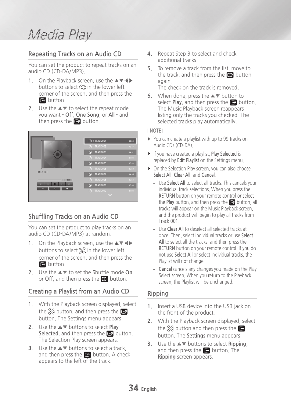 Repeating tracks on an audio cd, Shuffling tracks on an audio cd, Creating a playlist from an audio cd | Ripping, Media play | Samsung BD-H6500-ZA User Manual | Page 34 / 64