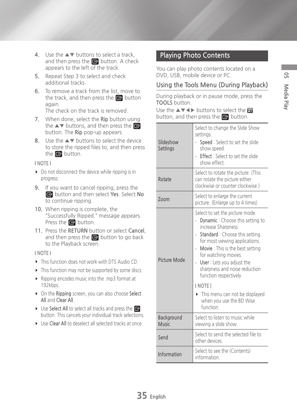 Playing photo contents, Using the tools menu (during playback) | Samsung BD-H6500-ZA User Manual | Page 35 / 64