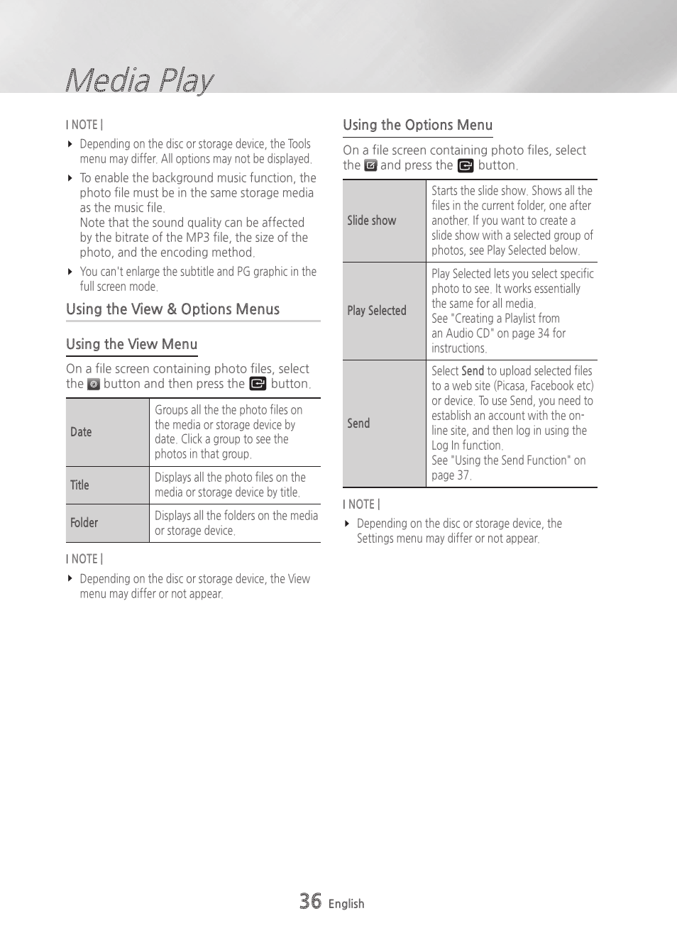 Using the view & options menus, Media play | Samsung BD-H6500-ZA User Manual | Page 36 / 64