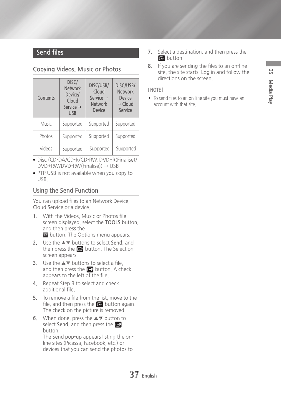 Send files, Copying videos, music or photos, Using the send function | Samsung BD-H6500-ZA User Manual | Page 37 / 64