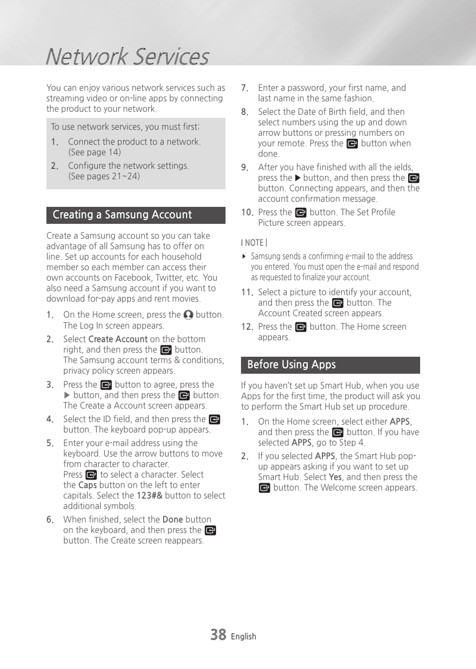 Network services, Creating a samsung account, Before using apps | Samsung BD-H6500-ZA User Manual | Page 38 / 64