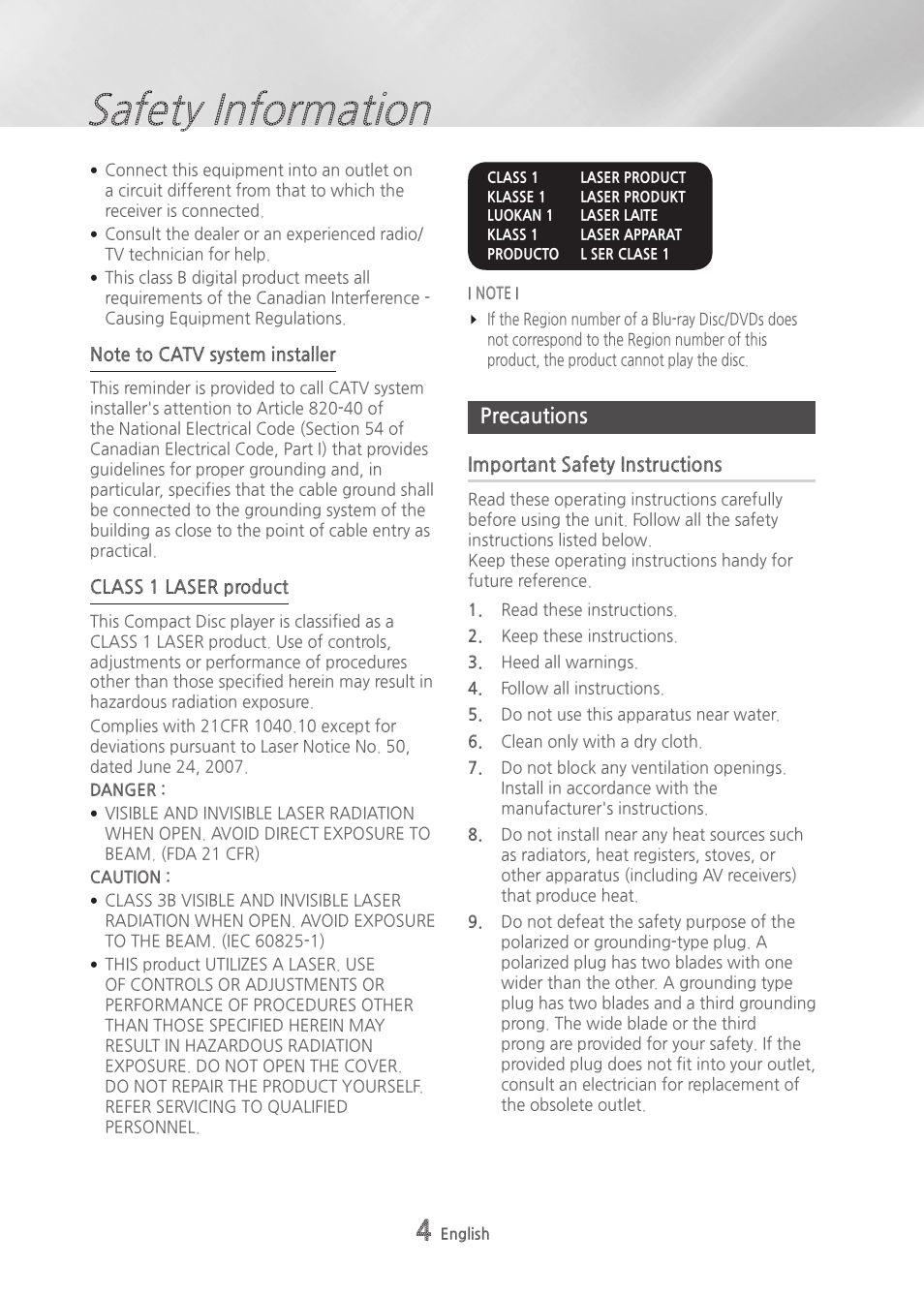 Precautions, Important safety instructions, Safety information | Samsung BD-H6500-ZA User Manual | Page 4 / 64