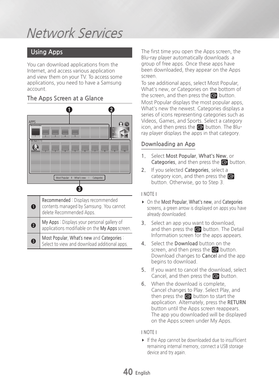 Using apps, The apps screen at a glance, Network services | Downloading an app | Samsung BD-H6500-ZA User Manual | Page 40 / 64